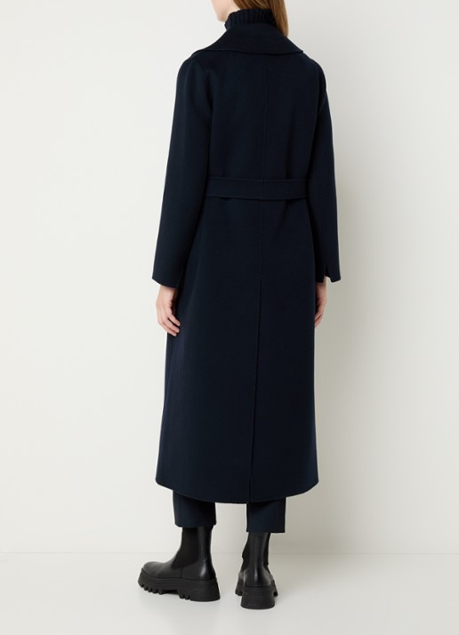 Max Mara Poldo mantel van scheerwol met steekzakken en strikceintuur - achterkant donkerblauw