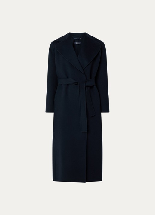 Max Mara Poldo mantel van scheerwol met steekzakken en strikceintuur - voorkant 2 donkerblauw