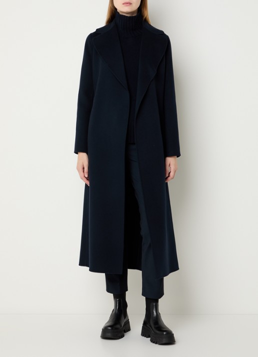 Max Mara Poldo mantel van scheerwol met steekzakken en strikceintuur - voorkant 3 donkerblauw
