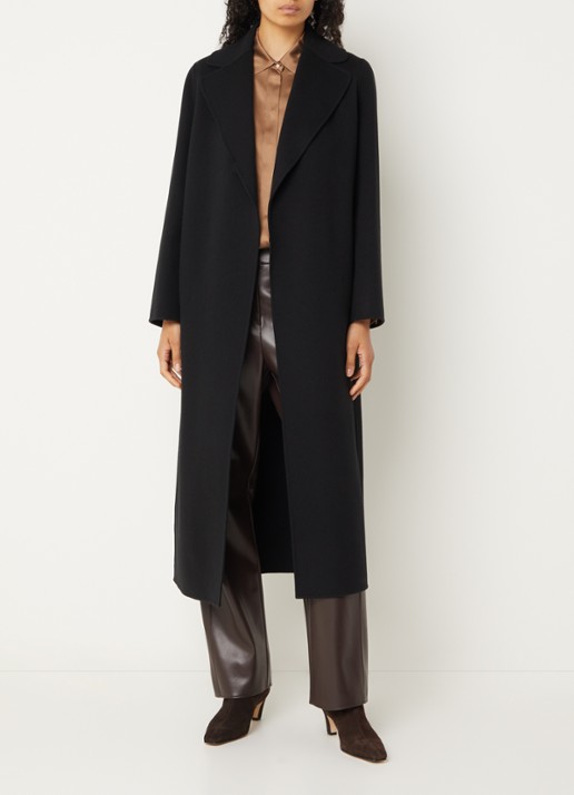 Max Mara Poldo mantel van scheerwol met steekzakken en strikceintuur - voorkant 3 zwart