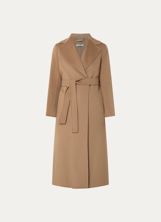 Max Mara Poldo mantel van scheerwol met steekzakken en strikceintuur - voorkant 2 camel