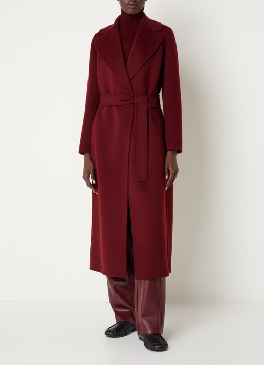 Max Mara Poldo mantel van scheerwol met steekzakken en strikceintuur - detail 2 donkerrood