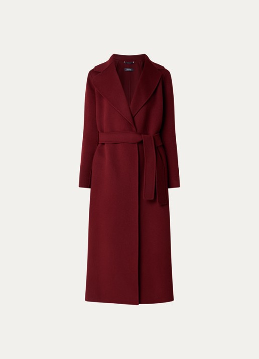 Max Mara Poldo mantel van scheerwol met steekzakken en strikceintuur - voorkant 3 donkerrood