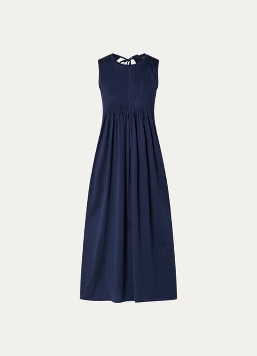 Max Mara Ricordo midi jurk met smockwerk - voorkant donkerblauw