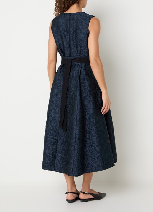 Max Mara Sax midi A-lijn jurk met strikceintuur en jacquard dessin - achterkant donkerblauw