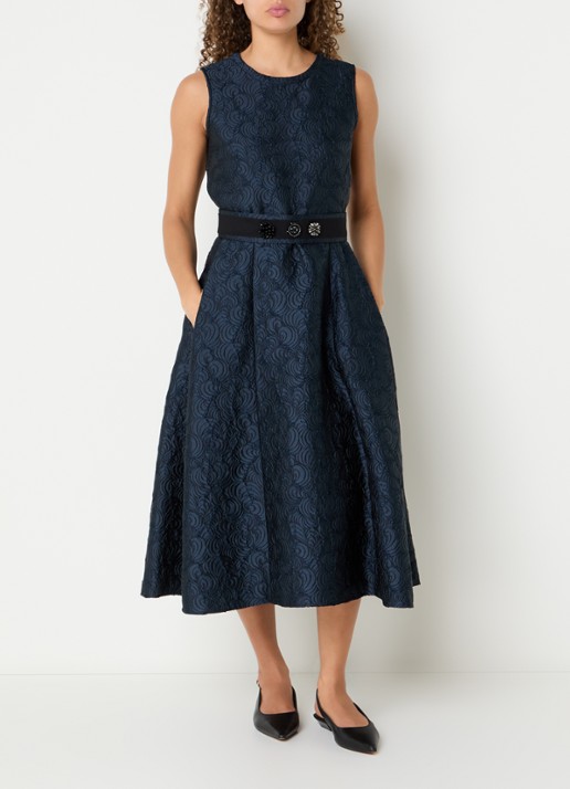 Max Mara Sax midi A-lijn jurk met strikceintuur en jacquard dessin - detail 4 donkerblauw