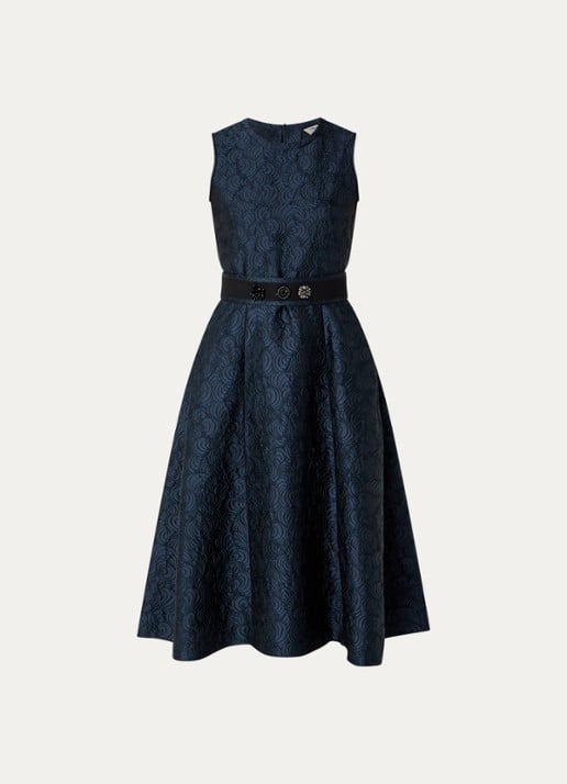 Max Mara Sax midi A-lijn jurk met strikceintuur en jacquard dessin - voorkant 2 donkerblauw