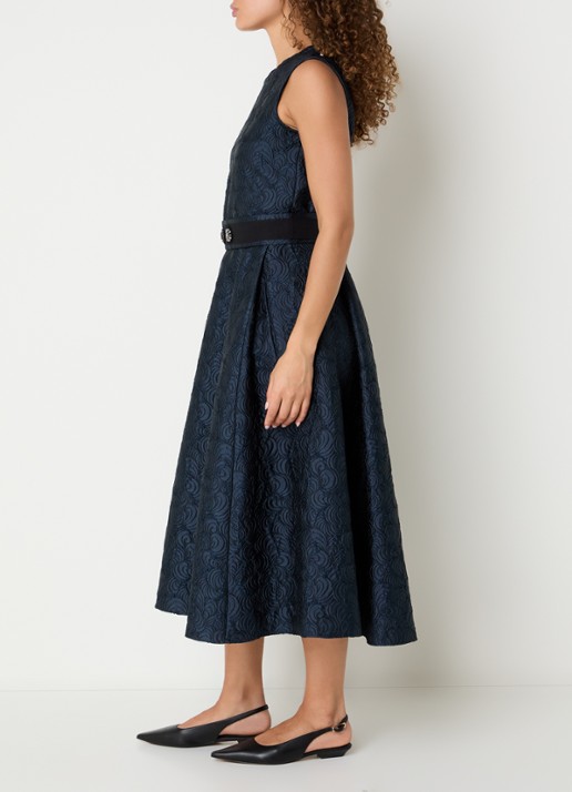 Max Mara Sax midi A-lijn jurk met strikceintuur en jacquard dessin - voorkant 3 donkerblauw