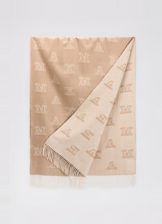 Max Mara Sjaal van kasjmier met logoprint en franjes 180 x 70 cm - detail camel