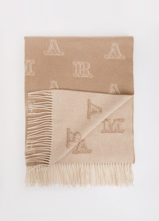 Max Mara Sjaal van kasjmier met logoprint en franjes 180 x 70 cm - voorkant 3 camel