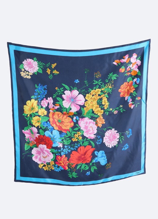 Max Mara Sjaal van zijde met bloemprint 90 x 90 cm - detail royalblauw