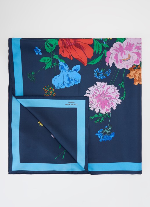 Max Mara Sjaal van zijde met bloemprint 90 x 90 cm - voorkant 3 royalblauw