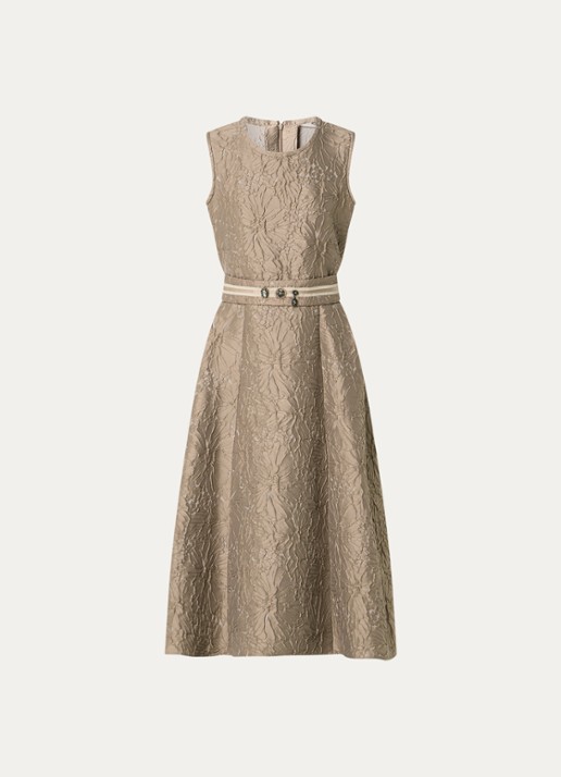 Max Mara Skipper midi jurk met bloemborduring en ceintuur - voorkant 3 donkerbeige