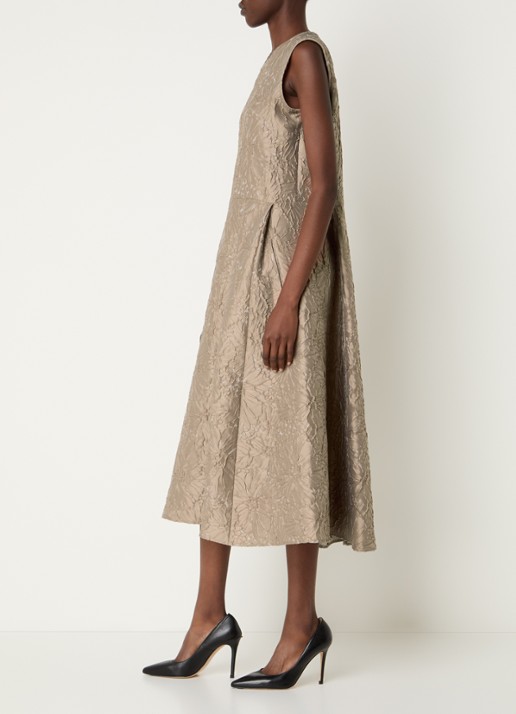 Max Mara Skipper midi jurk met bloemborduring en ceintuur - voorkant 4 donkerbeige