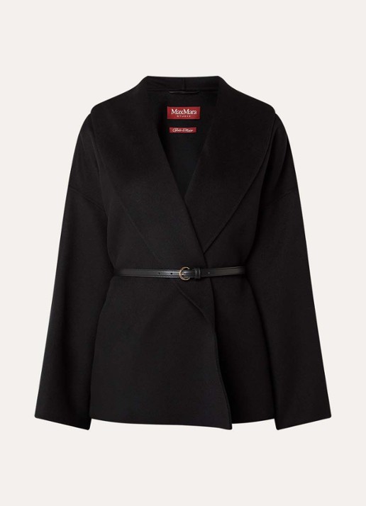 Max Mara Sughero mantel in kasjmierblend met ceintuur en steekzakken - voorkant 2 zwart