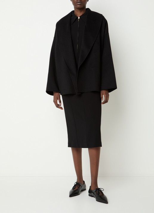Max Mara Sughero mantel in kasjmierblend met ceintuur en steekzakken - voorkant 3 zwart