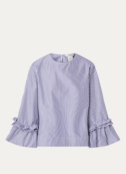 Max Mara Valzer tuniek met streepprint en trompetmouw - voorkant 2 lichtblauw