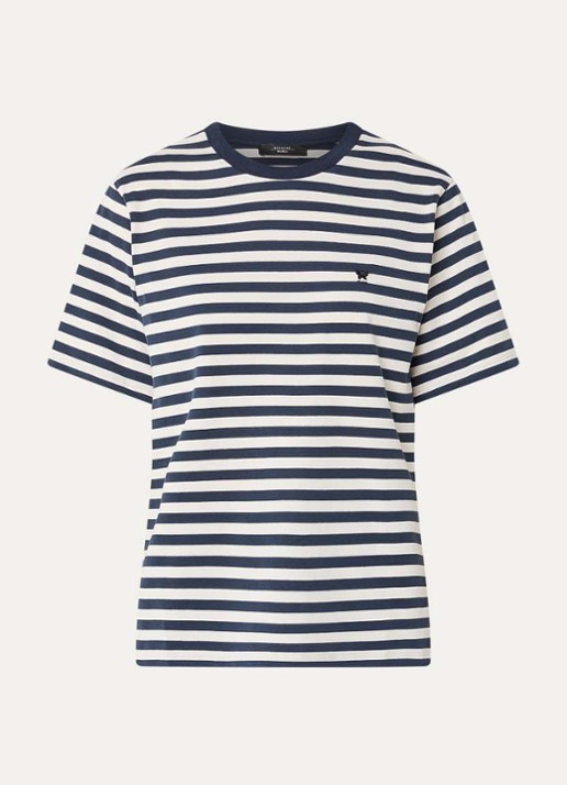 Max Mara Venaco T-shirt met streepprint en logoborduring - voorkant 3 donkerblauw