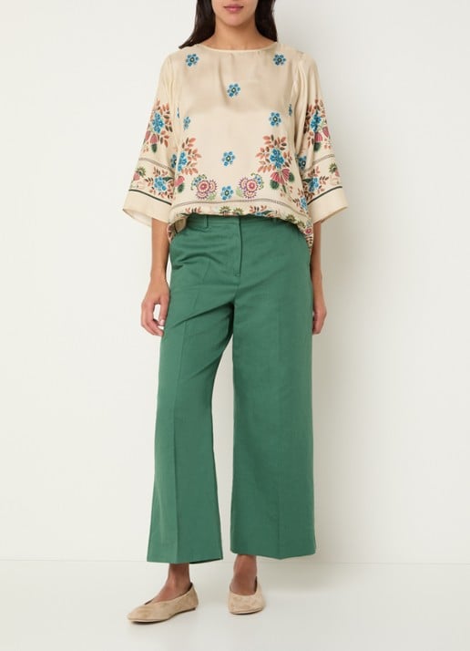 Max Mara Zircone high waist wide fit cropped pantalon in linnenblend - voorkant 4 donkergroen