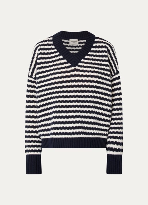 MaxMara Grofgebreide trui van wol met streepprint - voorkant donkerblauw