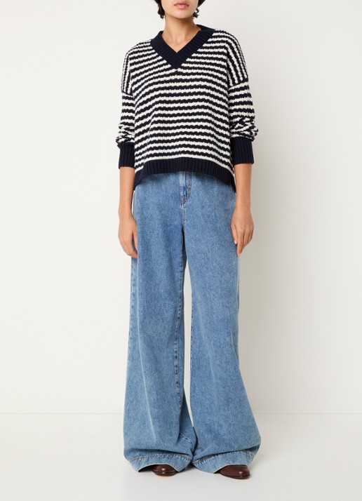 MaxMara Grofgebreide trui van wol met streepprint - voorkant 2 donkerblauw