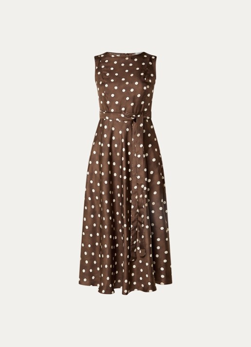 MaxMara Midi jurk van zijde met strikceintuur en stippenprint - voorkant bruin