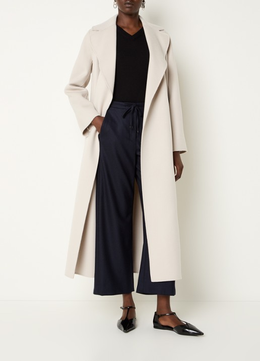 MaxMara Poldo mantel van scheerwol met steekzakken en strikceintuur - voorkant 4 creme