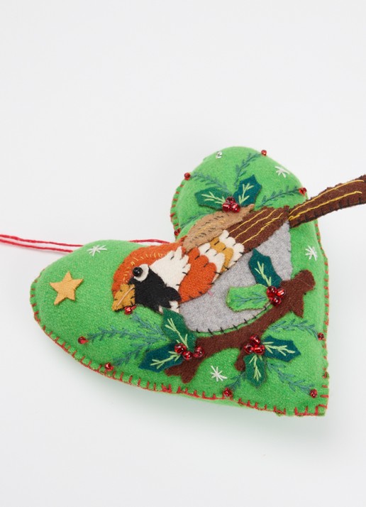 Meander Hart met Vogel kersthanger 13 cm - detail groen
