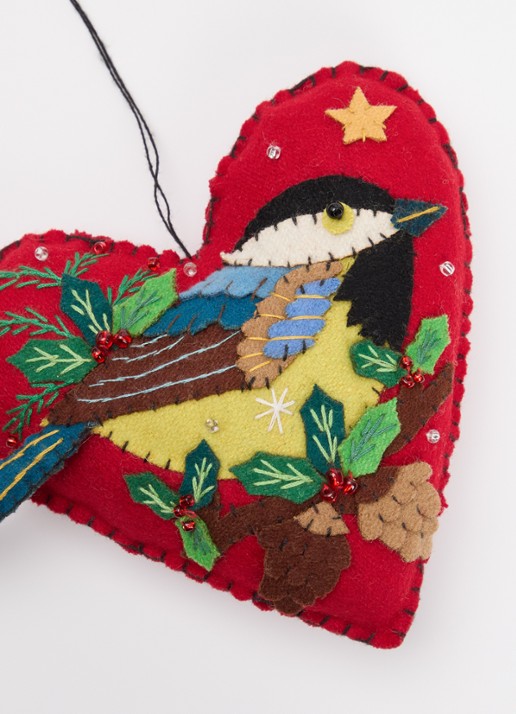Meander Hart met Vogel kersthanger 13 cm - detail rood