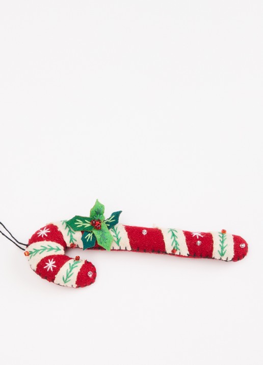 Meander Zuurstok met hulst kersthanger 14,5 cm - detail rood