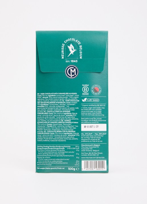 Meurisse Caramel and Almonds pure chocoladereep 100 gram - achterkant undefined