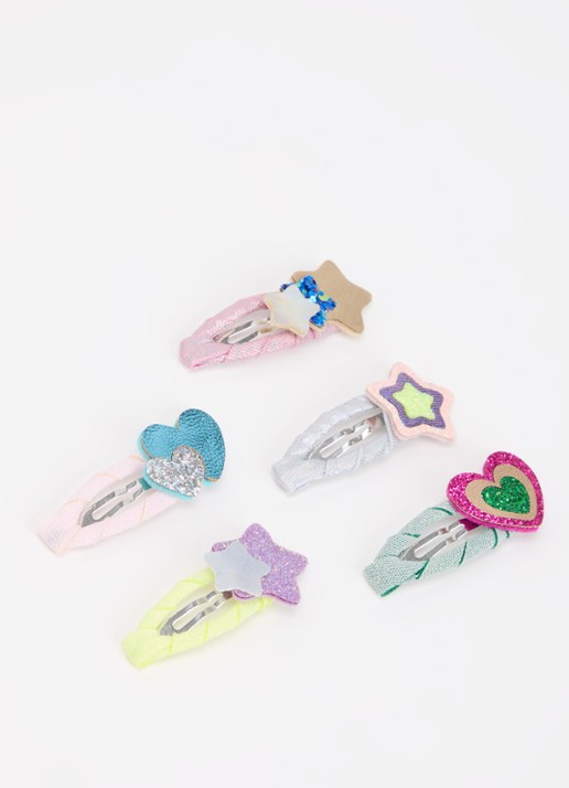 Mimi & Lula Layered Hearts & Stars haarclip in set van 5 - detail multicolor