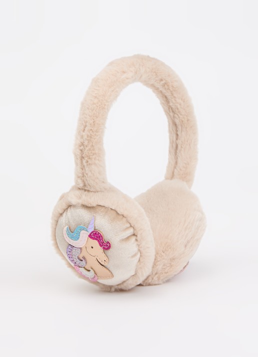 Mimi & Lula Magical Unicorn oorwarmers van imitatiebont - voorkant 2 beige