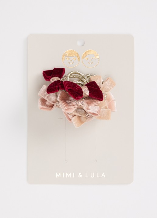 Mimi & Lula Velvet Bow set van haarelastiekjes 8-delig - voorkant 2 lichtroze