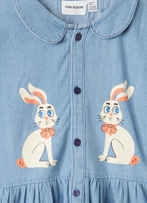 Mini Rodini Denim Rabbit blousejurk van denim met print - detail indigo