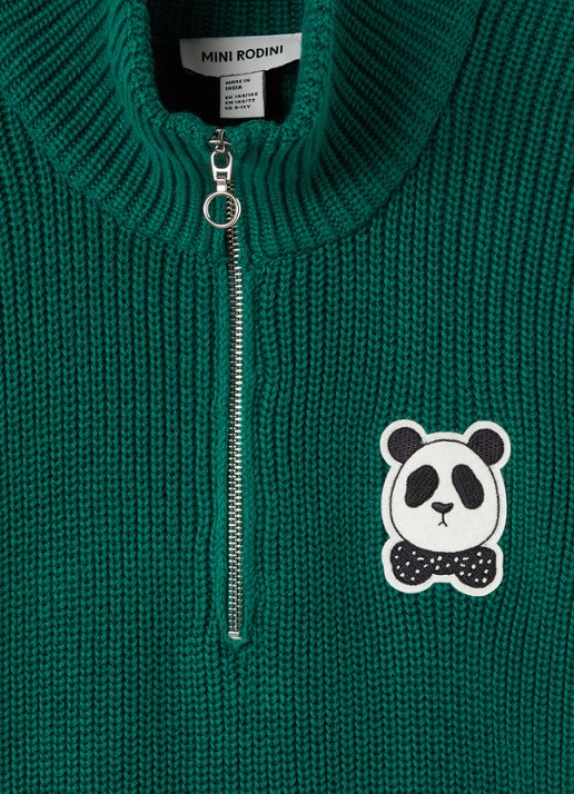Mini Rodini Panda grofgebreide trui met borduring - detail 3 donkergroen