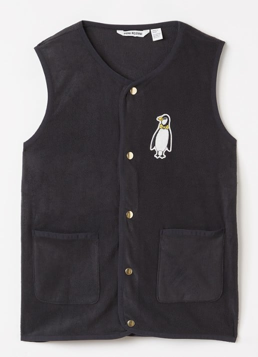 Mini Rodini Penguin Patch gilet van fleece met applicatie - voorkant zwart
