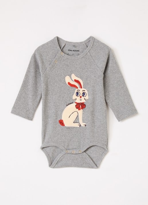 Mini Rodini Rabbit Application romper met flockprint en borduring - voorkant grijs
