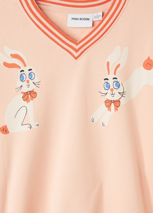 Mini Rodini Rabbits sweater met V-hals en print - detail perzikroze