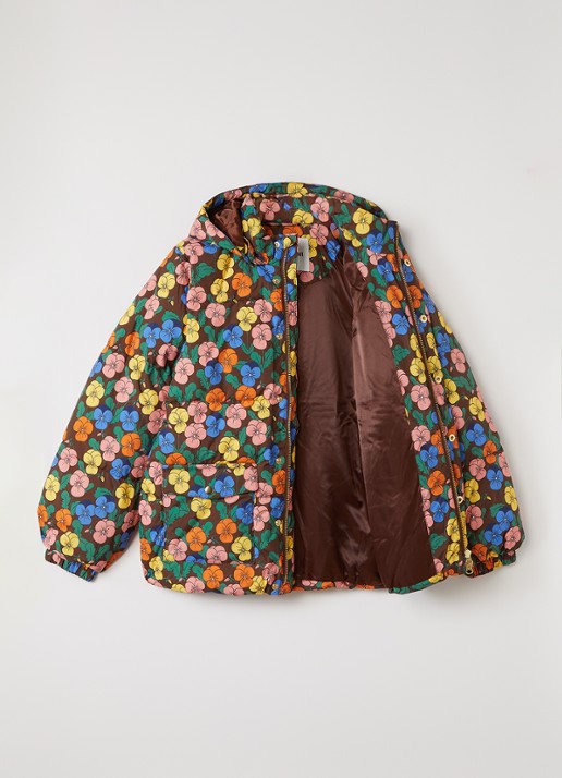 Mini Rodini Violas puffer jack met bloemenprint - voorkant 2 bruin