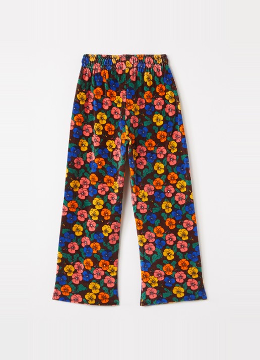 Mini Rodini Violas wide fit joggingbroek van fluweel met bloemenprint - voorkant 2 roodbruin