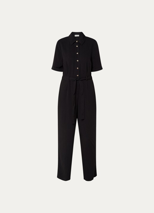 Modström Agnete wide fit jumpsuit met strikceintuur - voorkant zwart