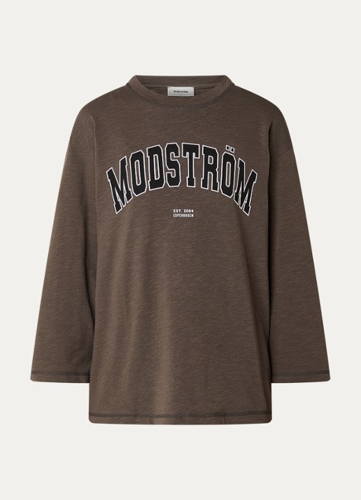 Modström Bamboo T-shirt met logoprint - voorkant 2 hazelnootbruin