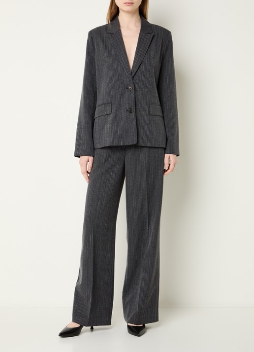 Modström Birna mid waist wide fit pantalon met krijtstreep - voorkant 2 antraciet