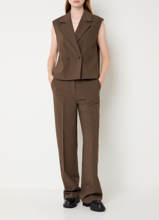 Modström Gale high waist straight fit pantalon met steekzakken en persplooi - voorkant 3 khaki