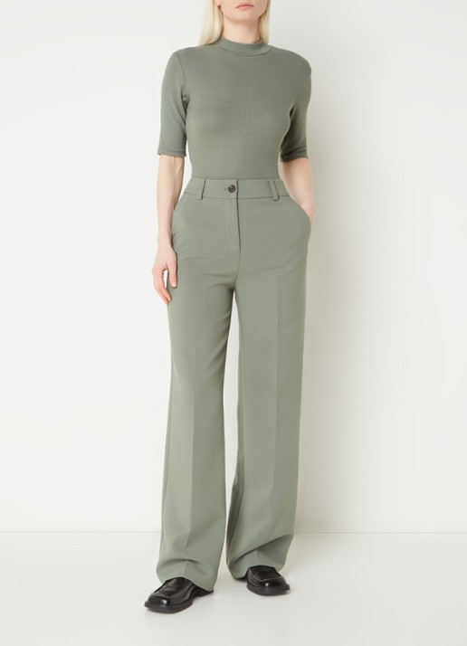 Modström Gale high waist straight fit pantalon met steekzakken en persplooi - voorkant 4 olijfgroen
