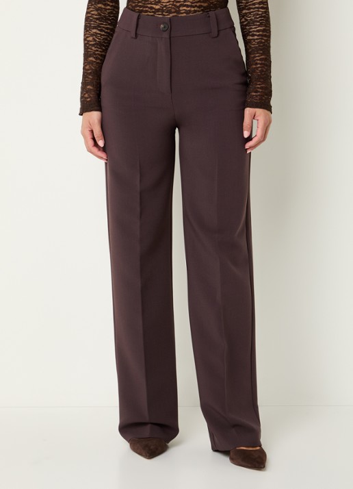 Modström Gale high waist straight fit pantalon met steekzakken en persplooi - detail donkerbruin
