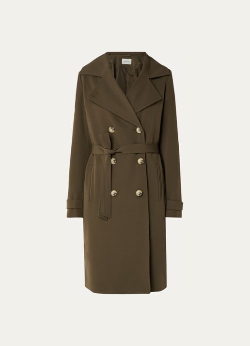 Modström Hiro trenchcoat met dubbele knopenrij en strikceintuur - voorkant 2 bronsgroen
