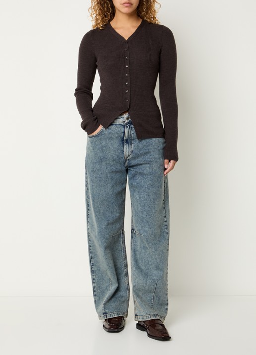 Modström Hiroki ribgebreid vest van wol - voorkant 4 donkerbruin
