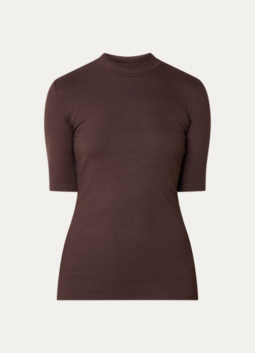 Modström Krown T-shirt met ribstructuur - voorkant donkerbruin